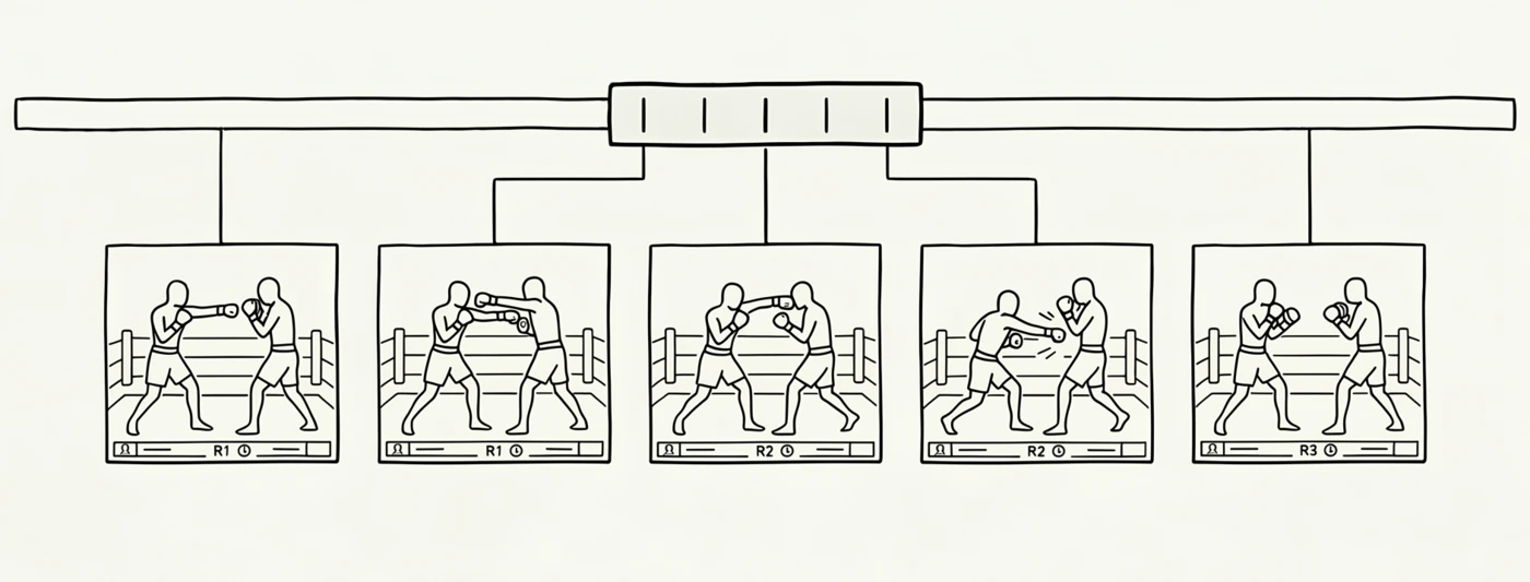 A video timeline with a small highlighted window; five thumbnails of the same fight moment hang below it, one per tick