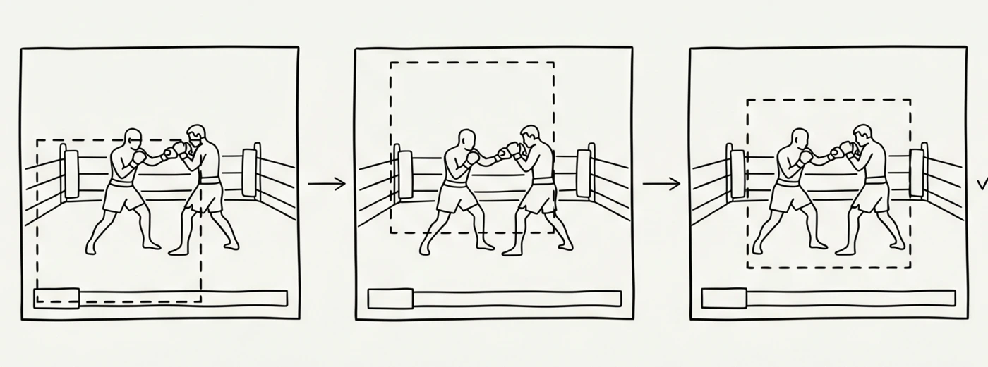 Three panels of the same fight scene with a dashed crop window in different positions, ending in a clean centred crop with a tick