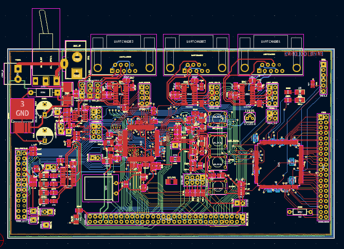 Example KiCad PCB layout with components and densely routed tracks