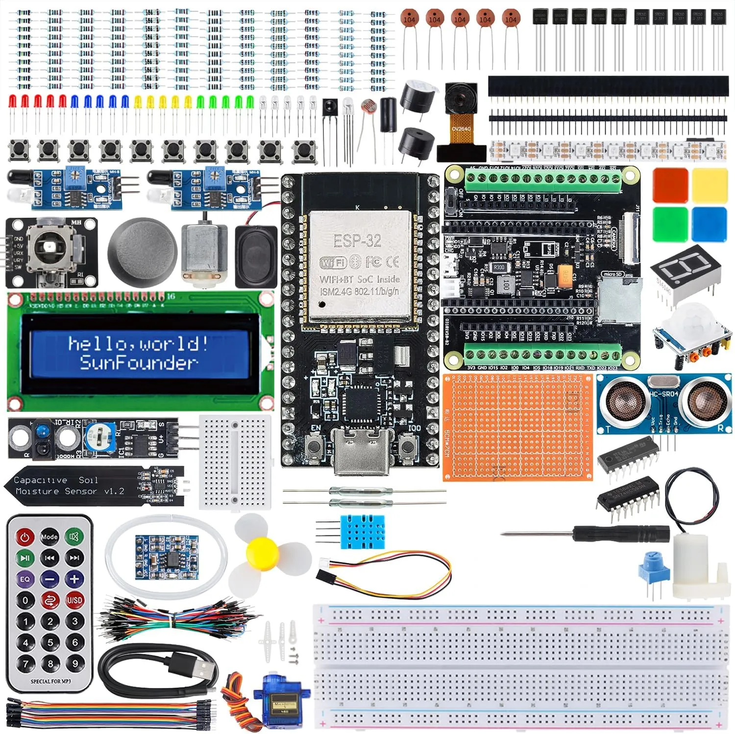 Components in the SunFounder ESP32 starter kit, including the ESP32 board, breadboards, displays, buttons and sensors