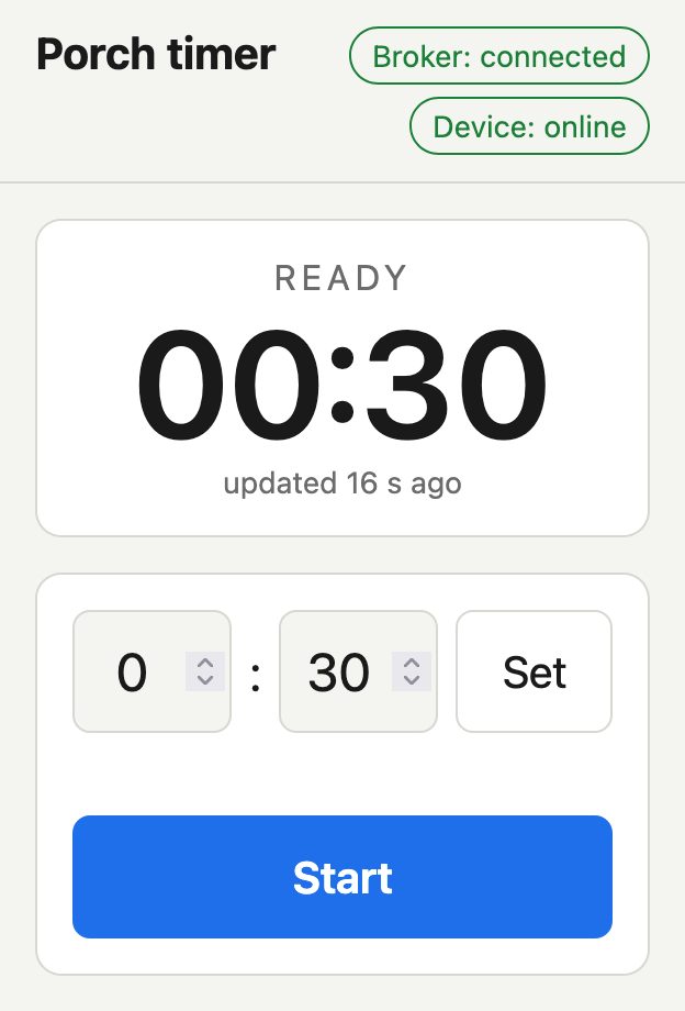Web controller showing the timer online with 30 seconds set, ready to start