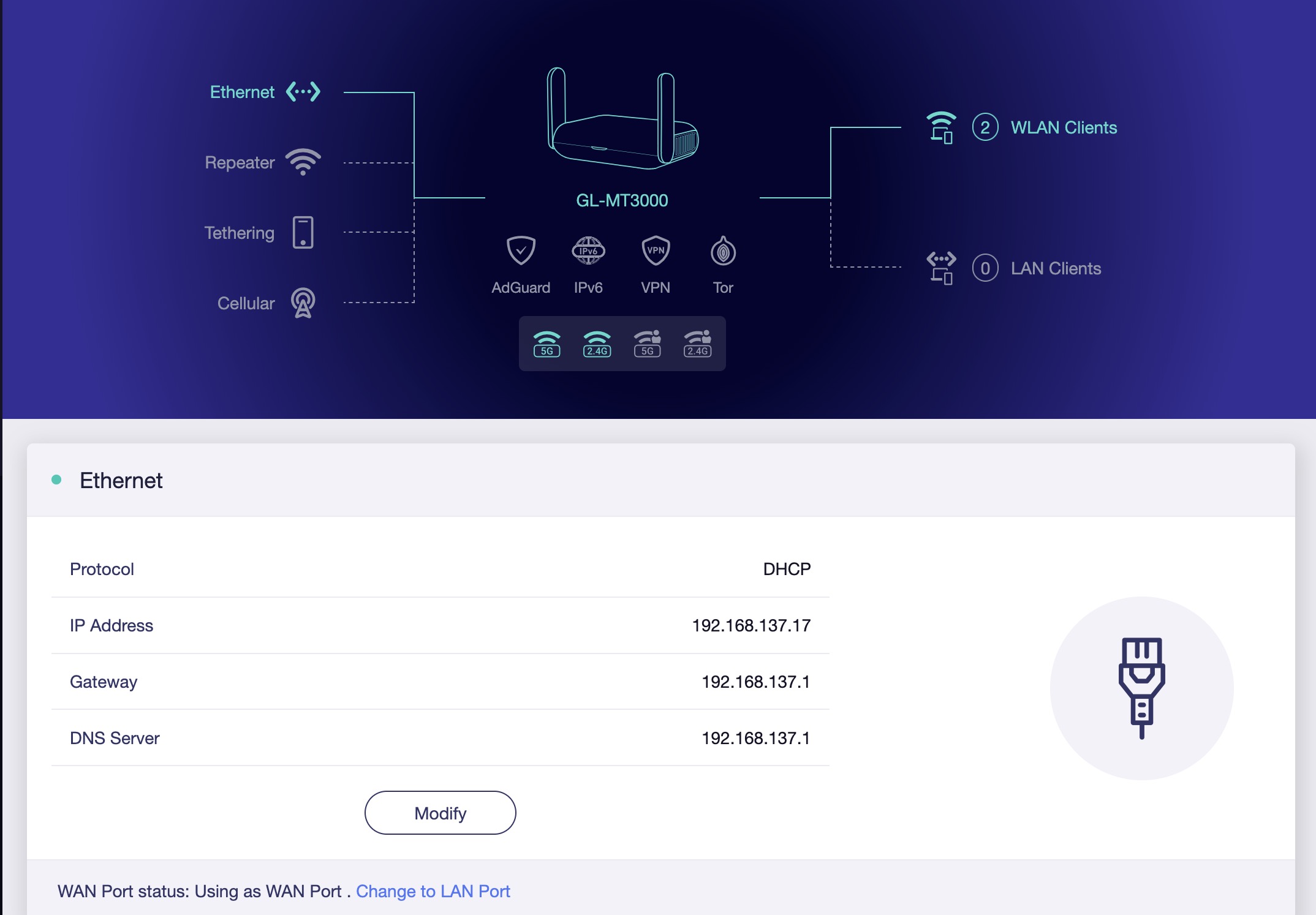 Beryl AX admin page showing internet connection