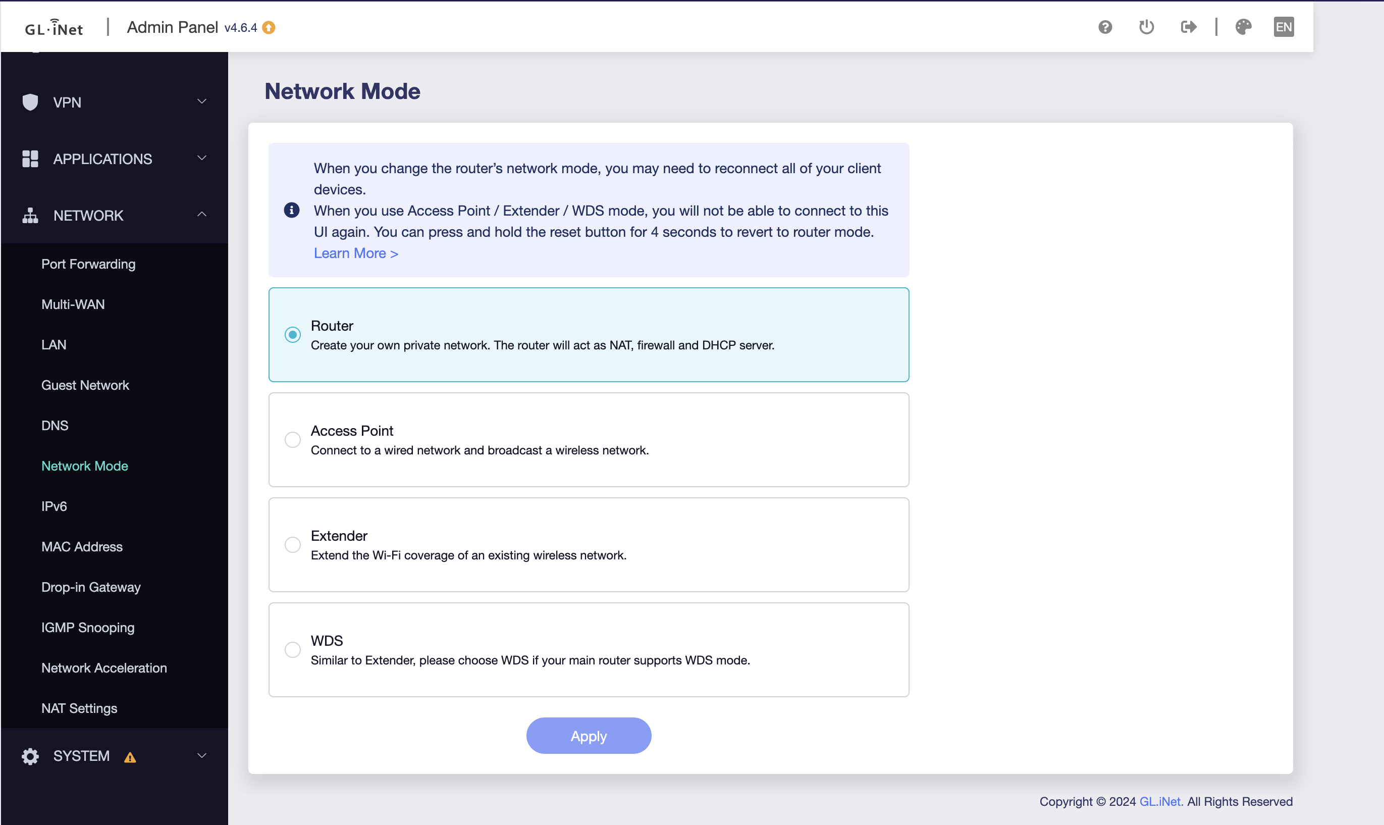 Beryl AX Network Mode settings