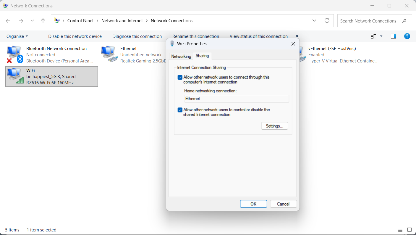 Windows Internet Connection Sharing settings