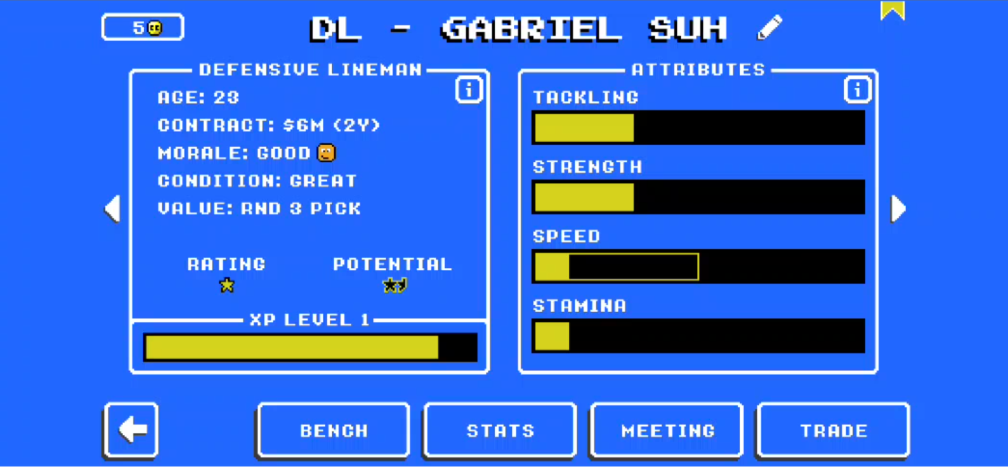 Player attributes screen